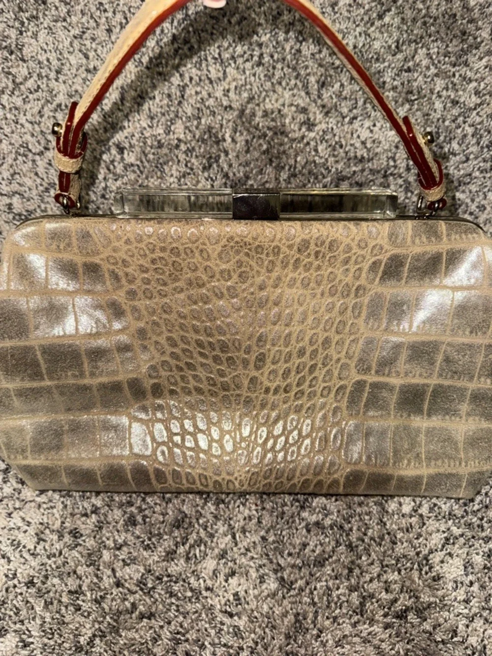 Kate Spade Croc Embossed Clutch w/ Acrylic Frame Handle | Neutral Beige Glam